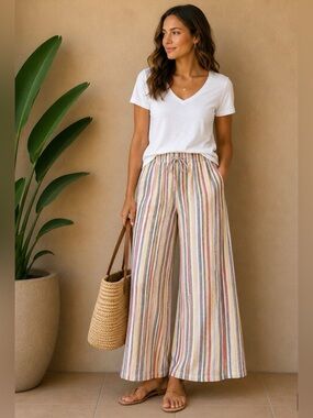 Striped Wide-Leg Drawstring Pants - White Multi